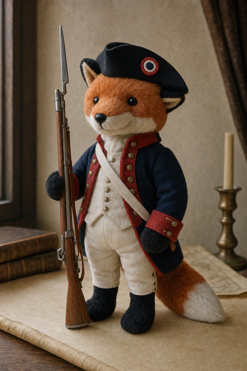 A handmade stuffed fox in a Continental Army uniform holding a musket with fixed bayonet.